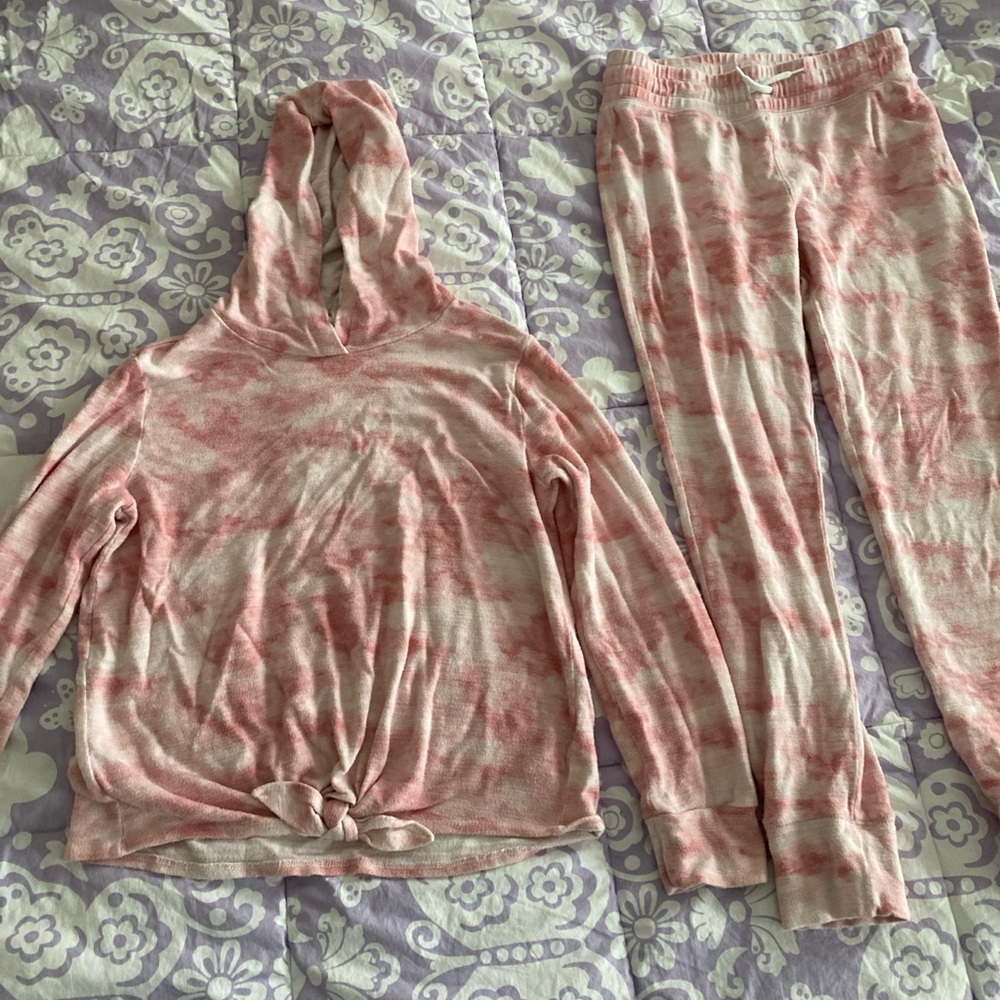 Old Navy Girls Cozy Knit Twist Hem Hoodie & Joggers Size L (10-12) Pink White